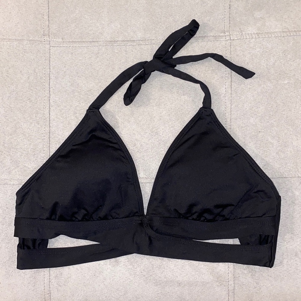 Classic black halter bikini top with cut outs